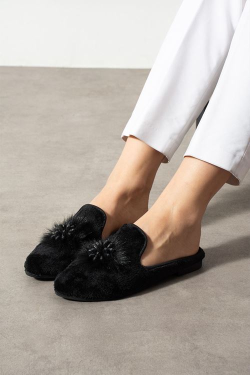 Cavina Siyah Kısa Tüylü Elegant Nişan Çeyiz Bohça Misafir Ev Terliği