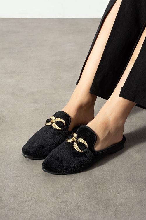 Mavie Siyah Kısa Tüylü Elegant Nişan Çeyiz Bohça Misafir Ev Terliği