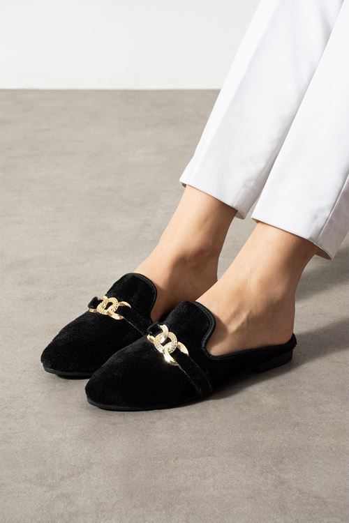 Rivya Siyah Kısa Tüylü Elegant Nişan Çeyiz Bohça Misafir Ev Terliği