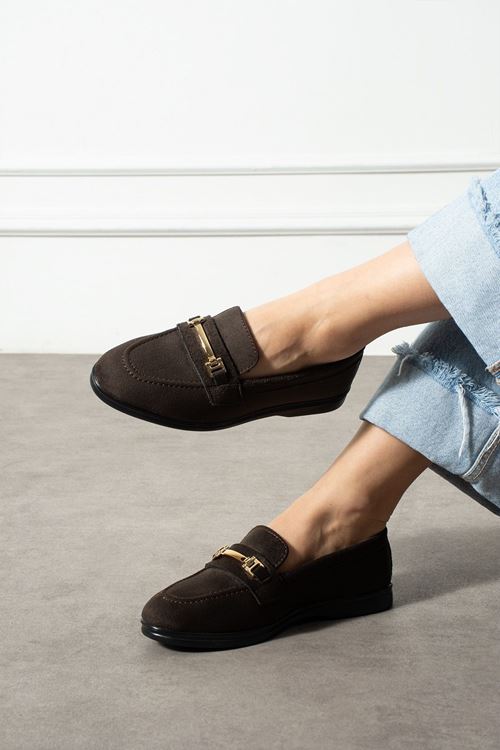 Markiz Kahverengi Süet Tokalı Loafer Babet Günlük Ayakkabı