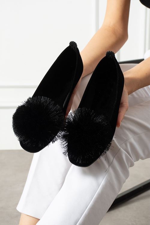 Siona Siyah Ponponlu Kadife Dokulu Elegant Nişan Çeyiz Bohça Misafir Ev Babeti