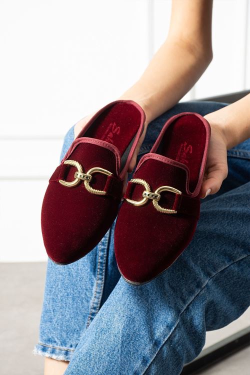 Zayo Bordo Gold Tokalı Kadife Dokulu Elegant Nişan Çeyiz Bohça Misafir Ev Terliği