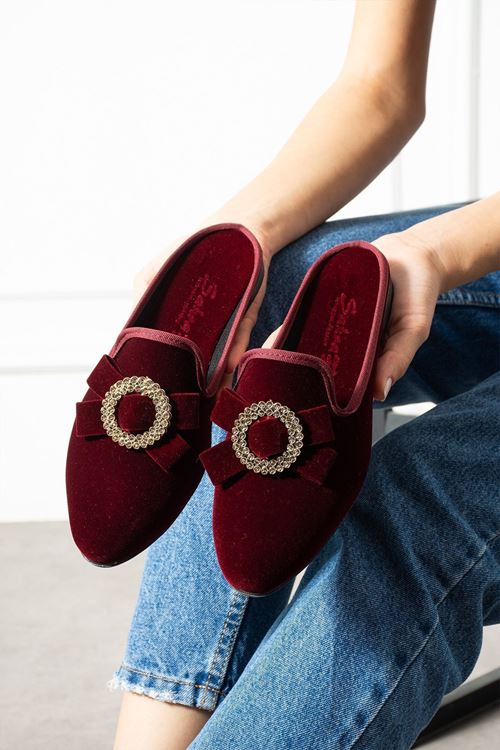 Dafi Bordo Gold Tokalı Kadife Dokulu Elegant Nişan Çeyiz Bohça Misafir Ev Terliği