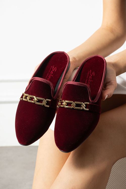 Zindo Bordo Gold Tokalı Kadife Dokulu Elegant Nişan Çeyiz Bohça Misafir Ev Terliği