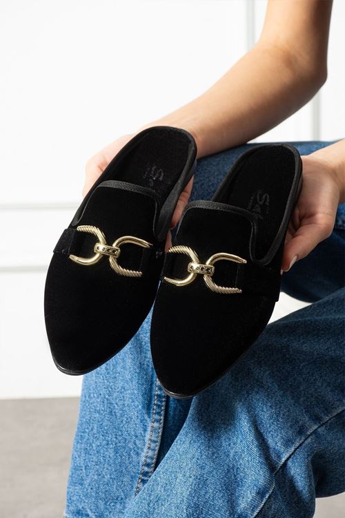 Zayo Siyah Gold Tokalı Kadife Dokulu Elegant Nişan Çeyiz Bohça Misafir Ev Terliği