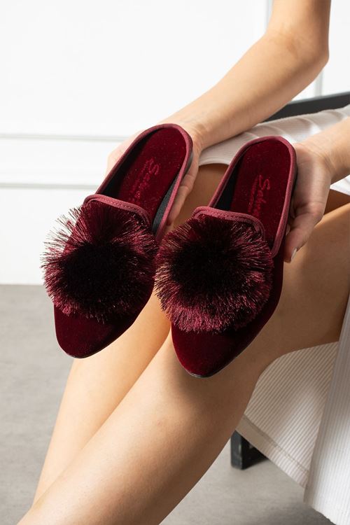 Zuno Bordo Ponponlu Kadife Dokulu Elegant Nişan Çeyiz Bohça Misafir Ev Terliği