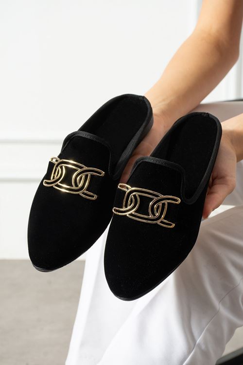 Alora Siyah Gold Tokalı Kadife Dokulu Elegant Nişan Çeyiz Bohça Misafir Ev Terliği