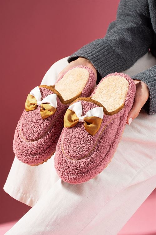 Curry Pembe Fiyonklu Saraç Detaylı Sessiz Taban Ev Terliği