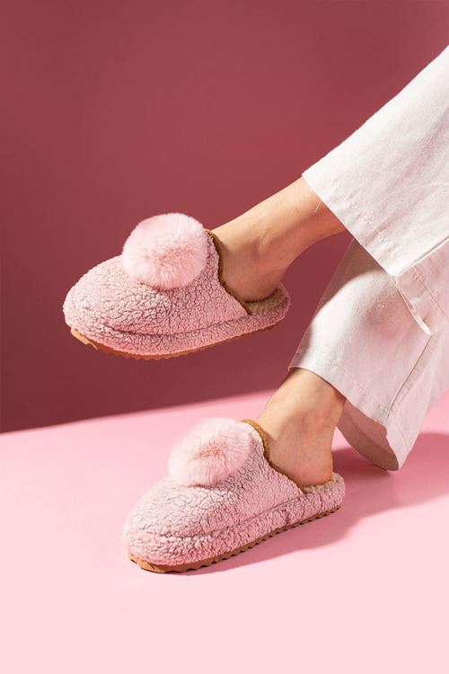 Poffina Pudra Ponponlu Saraç Detaylı Sessiz Taban Ev Terliği