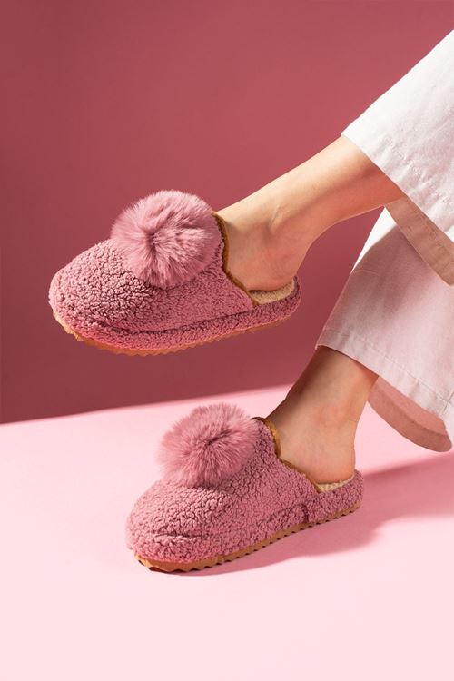 Poffina Pembe Ponponlu Saraç Detaylı Sessiz Taban Ev Terliği