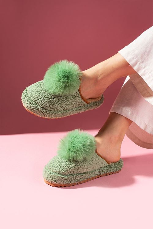 Poffina Mint Yeşili Ponponlu Saraç Detaylı Sessiz Taban Ev Terliği