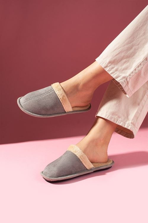 Nuvia Gri İçi Tüylü Önü Kapalı Ev Terliği