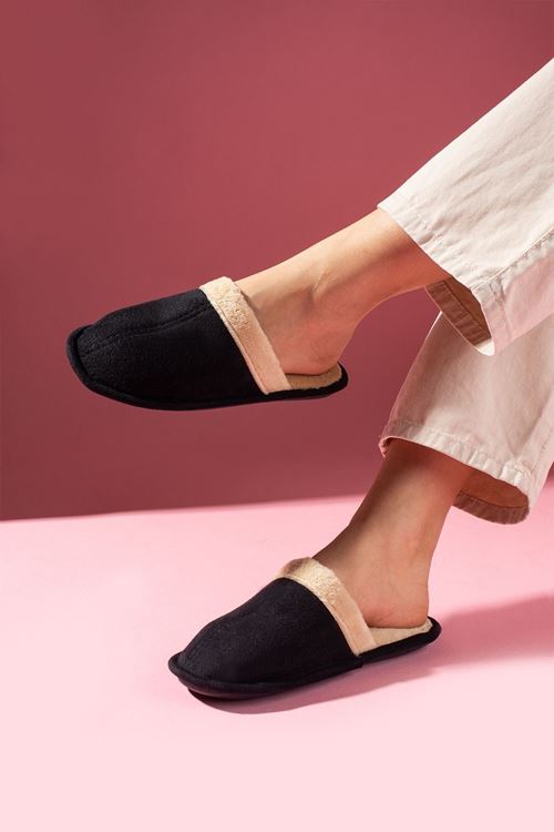 Nuvia Siyah İçi Tüylü Önü Kapalı Ev Terliği