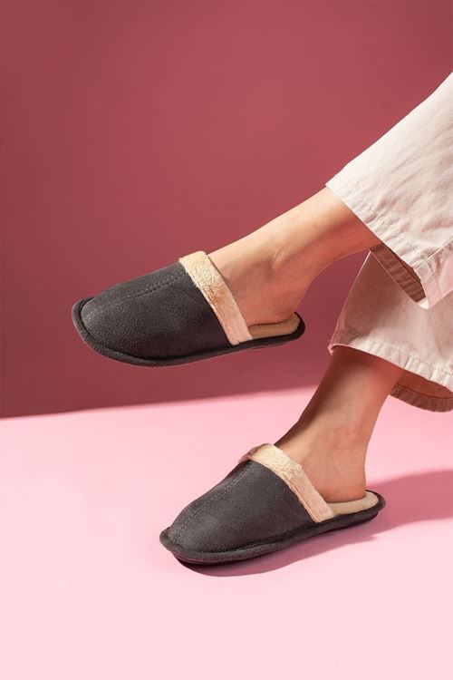 Nuvia Antrasit İçi Tüylü Önü Kapalı Ev Terliği