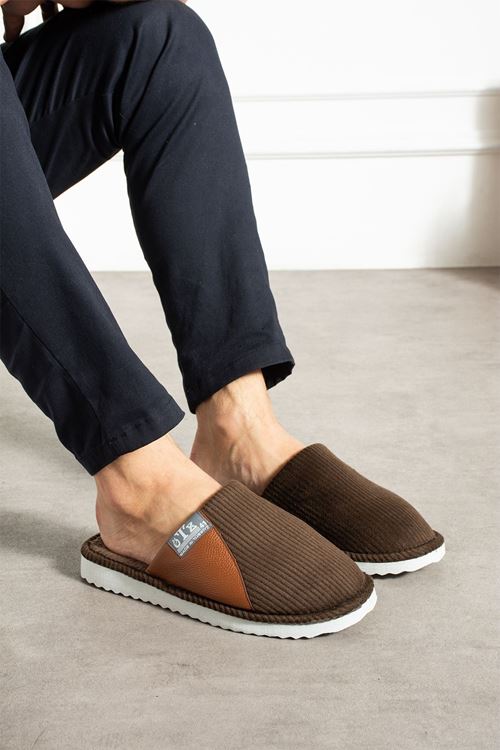 Velmor Kahverengi Kadife Dokulu Fitilli Deri Detaylı Erkek Ev Terliği