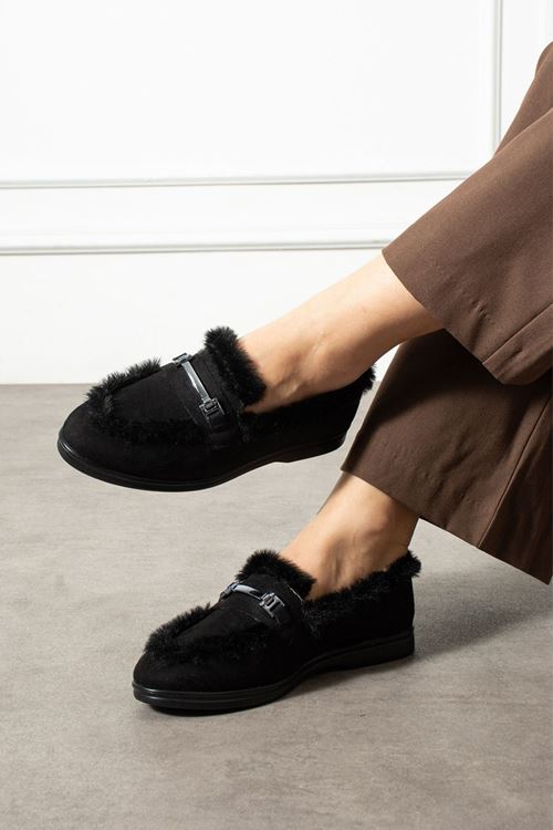 Lorven Siyah Süet Tokalı Peluş Şerit Detaylı Loafer Babet Günlük Ayakkabı