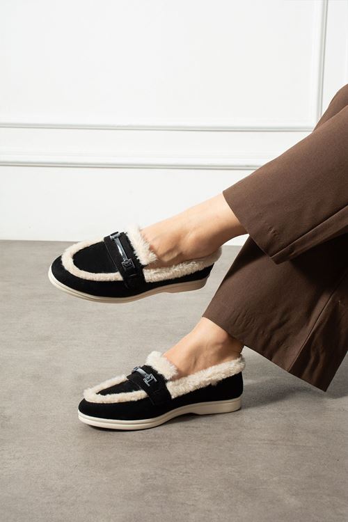 Lorven Siyah Bej Süet Tokalı Peluş Şerit Detaylı Loafer Babet Günlük Ayakkabı
