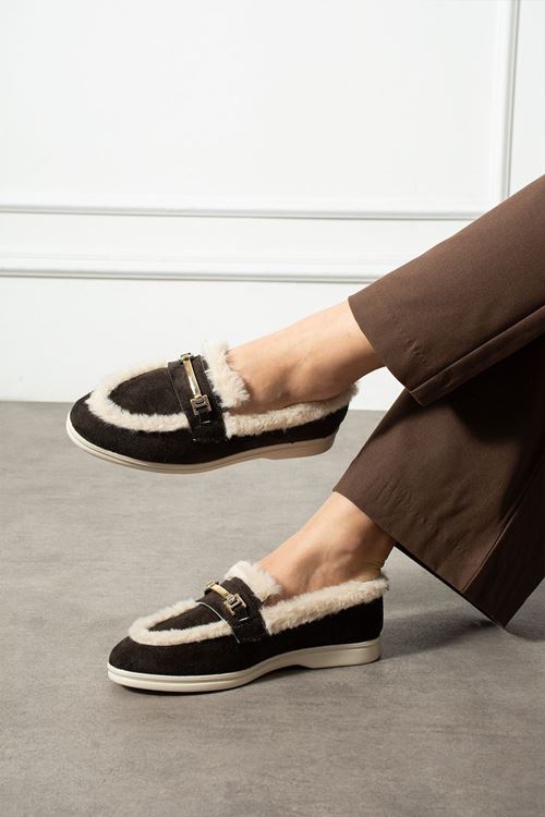 Lorven Kahverengi Süet Tokalı Peluş Şerit Detaylı Loafer Babet Günlük Ayakkabı