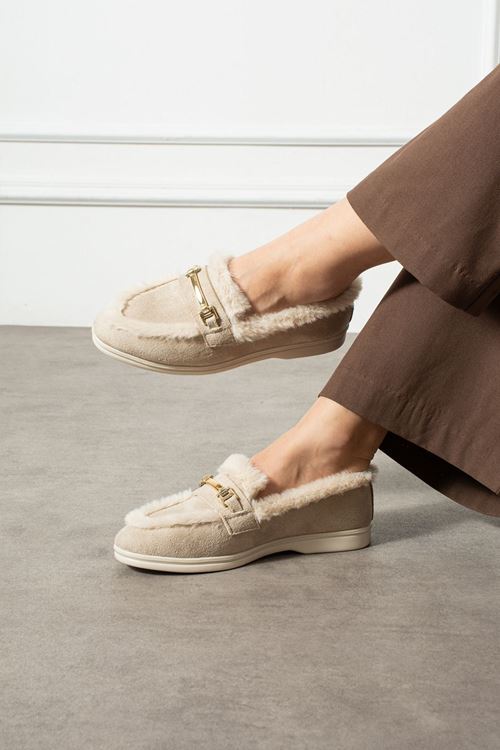 Lorven Bej Süet Tokalı Peluş Şerit Detaylı Loafer Babet Günlük Ayakkabı