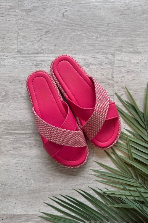 Velora Fuşya Dama Desenli Çapraz Bantlı Yüksek Hasır Sarma Taban Premium Terlik