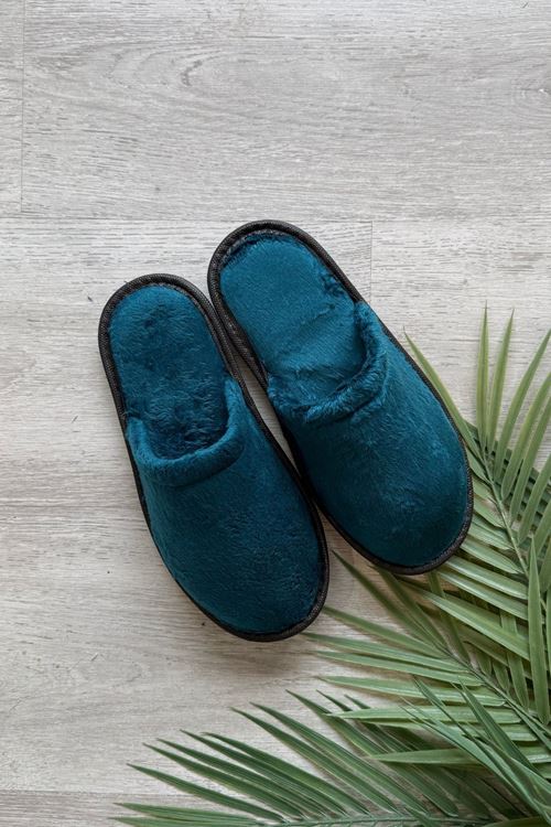 Velin Petrol Mavisi İçi Tüylü Önü Kapalı Ev Terliği