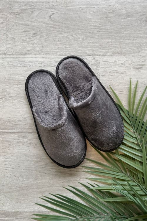 Velin Gri İçi Tüylü Önü Kapalı Ev Terliği