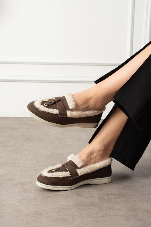 Ravon Kahverengi Süet Mini Aksesuarlı Peluş Şerit Detaylı Loafer Babet Günlük Ayakkabı
