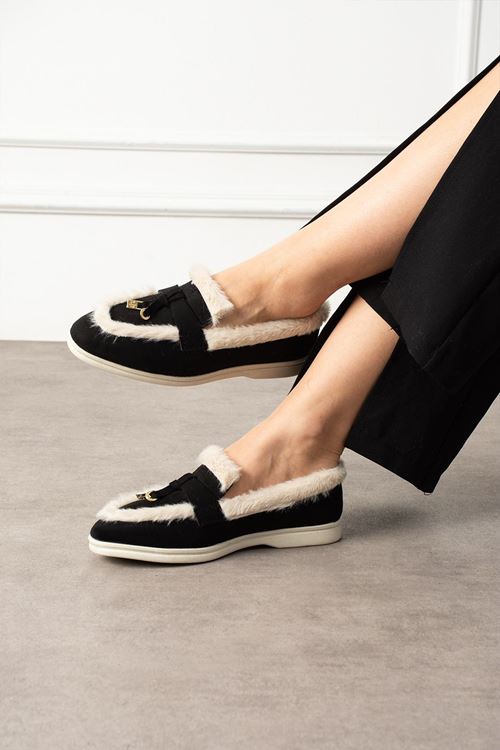 Ravon Siyah Bej Süet Mini Aksesuarlı Peluş Şerit Detaylı Loafer Babet Günlük Ayakkabı