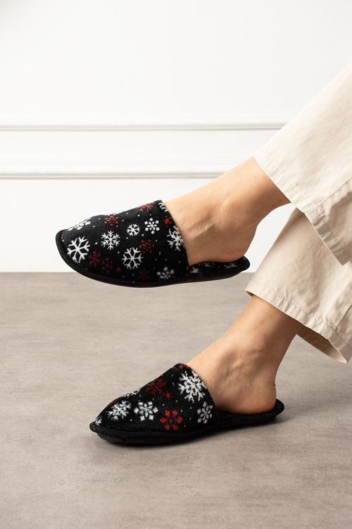 Alice  Siyah  Kar Tanesi Baskı Desenli Önü Kapalı Ev Terliği 