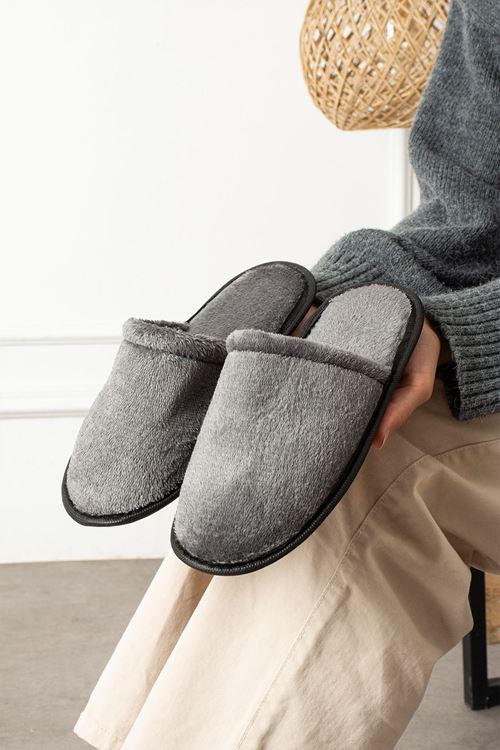 Velin Gri İçi Tüylü Önü Kapalı Ev Terliği