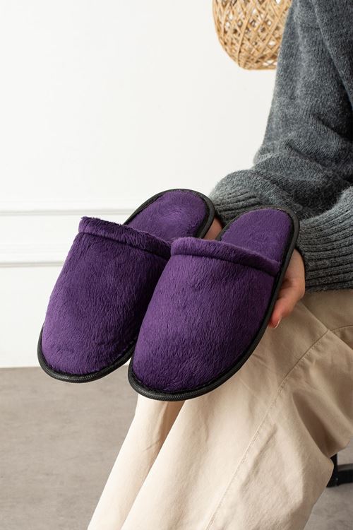 Velin Mürdüm İçi Tüylü Önü Kapalı Ev Terliği