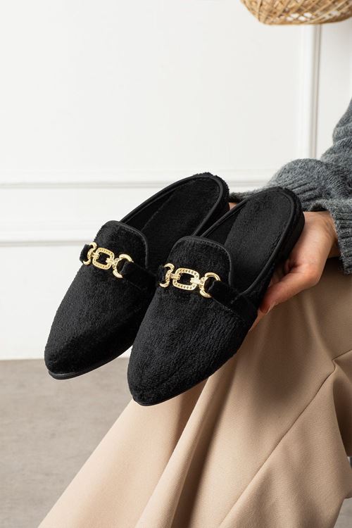 Lunor Siyah Kısa Tüylü Elegant Nişan Çeyiz Bohça Misafir Ev Terliği