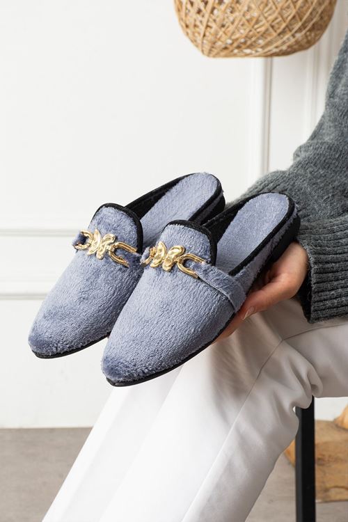 Noira Gri Kısa Tüylü Elegant Nişan Çeyiz Bohça Misafir Ev Terliği