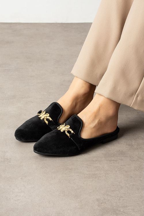 Noira Siyah Kısa Tüylü Elegant Nişan Çeyiz Bohça Misafir Ev Terliği