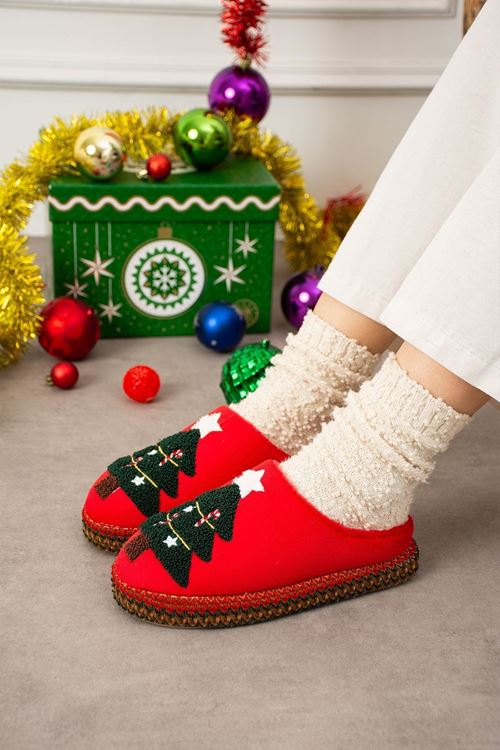 Noelia Kırmızı Noel Ağacı Kabartma Nakışlı Sessiz Taban Yılbaşı Hediyelik Panduf Ev Terliği