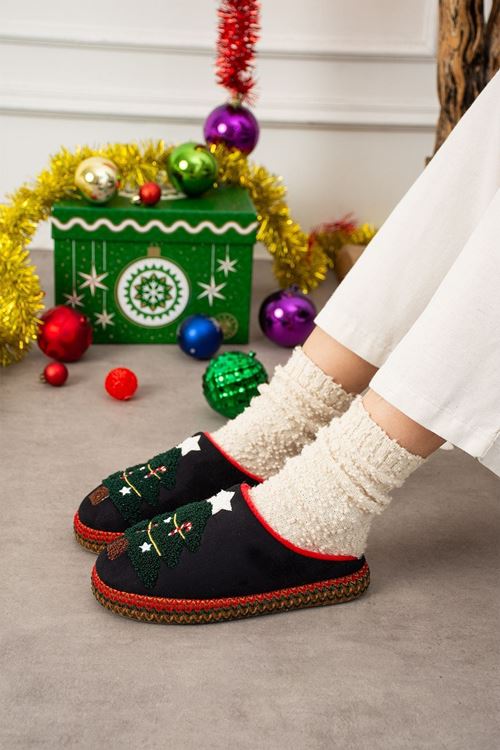 Noelia Siyah Noel Ağacı Kabartma Nakışlı Sessiz Taban Yılbaşı Hediyelik Panduf Ev Terliği