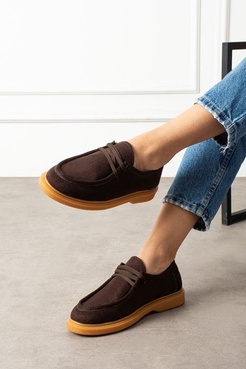 Vareon Kahverengi Süet Bağcıklı Kalın Saraç Detaylı Loafer Babet Günlük Ayakkabı