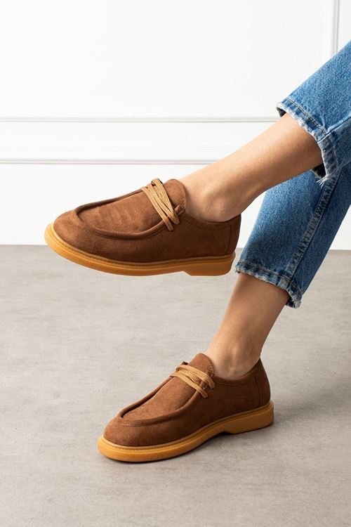 Vareon Taba Süet Bağcıklı Kalın Saraç Detaylı Loafer Babet Günlük Ayakkabı
