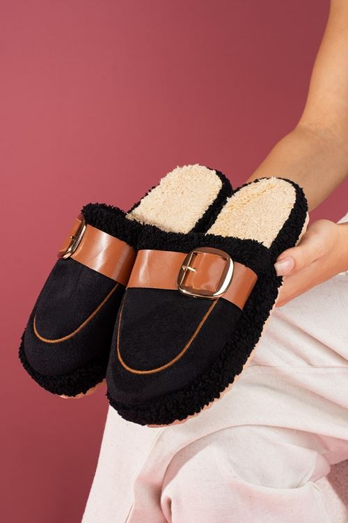 Puffita Siyah Gold Tokalı Kemerli Saraç Detaylı Sessiz Taban Ev Terliği