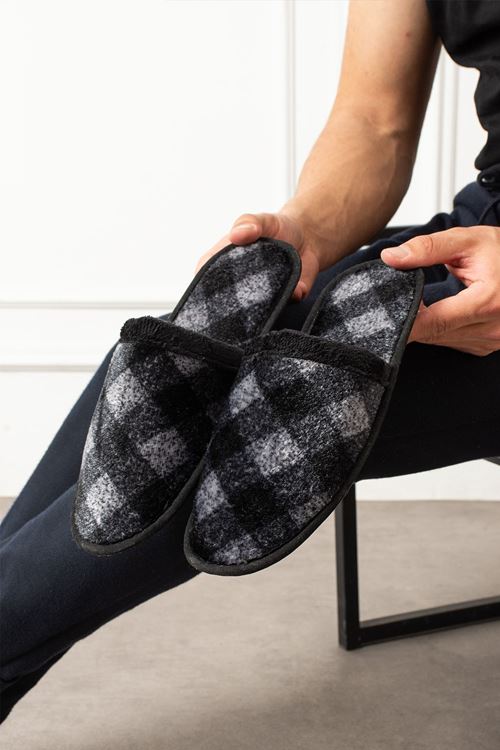 Florida Siyah Gri Ekose Desenli Erkek Ev Terliği 