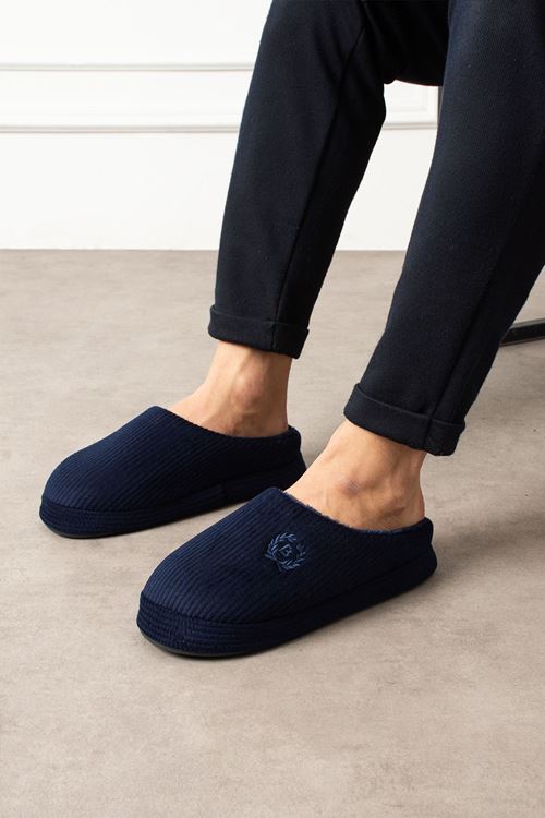 Atina Erkek Lacivert Çizgi Şerit Desenli Önü Kapalı Ev Terliği 