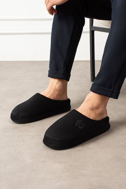 Atina Erkek Siyah Çizgi Şerit Desenli Önü Kapalı Ev Terliği 