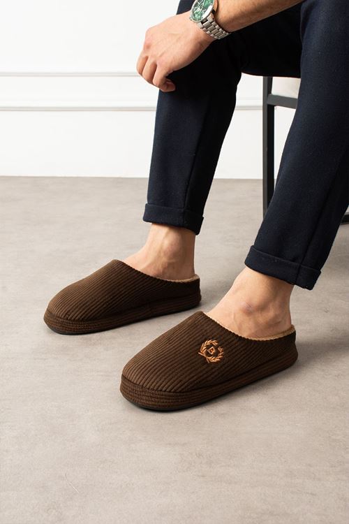 Atina Erkek  Kahve Rengi Gri Çizgi Şerit Desenli Önü Kapalı Ev Terliği  