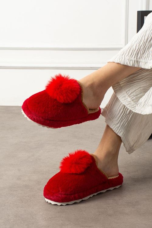 Poffina Kırmızı Ponponlu Saraç Detaylı Sessiz Taban Ev Terliği