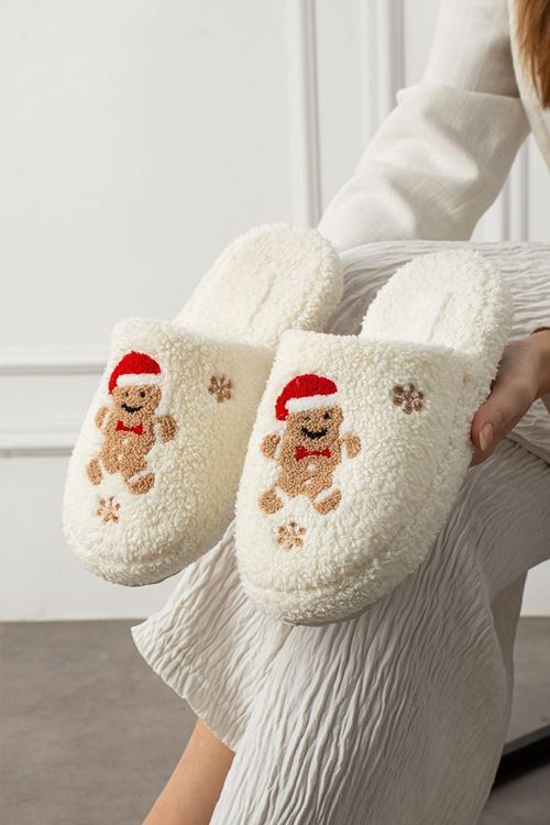 Pinello Beyaz Kurabiye Kabartma Nakışlı Sessiz Taban Yılbaşı Hediyelik Panduf Ev Terliği