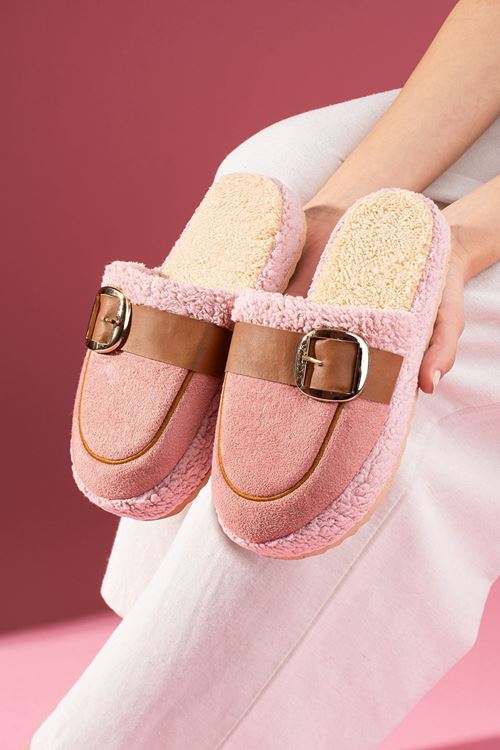 Puffita Pudra Gold Tokalı Kemerli Saraç Detaylı Sessiz Taban Ev Terliği