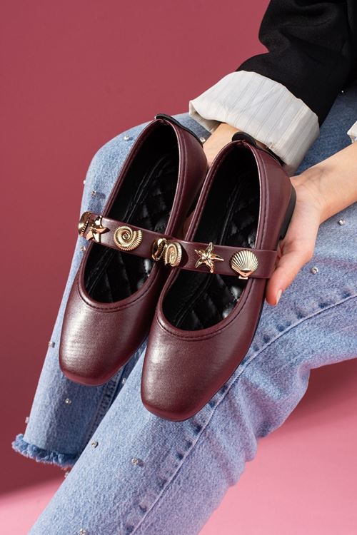 Marina Bordo Cilt Deniz Kabuğu Yıldız Aksesuar Bantlı Babet