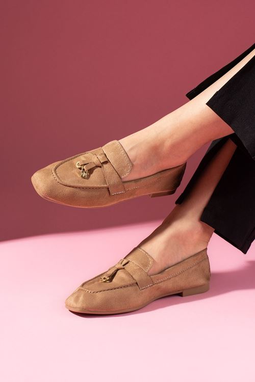 Viona Vizon Süet Saraçlı Mini Fiyonk Aksesuarlı Loafer Babet