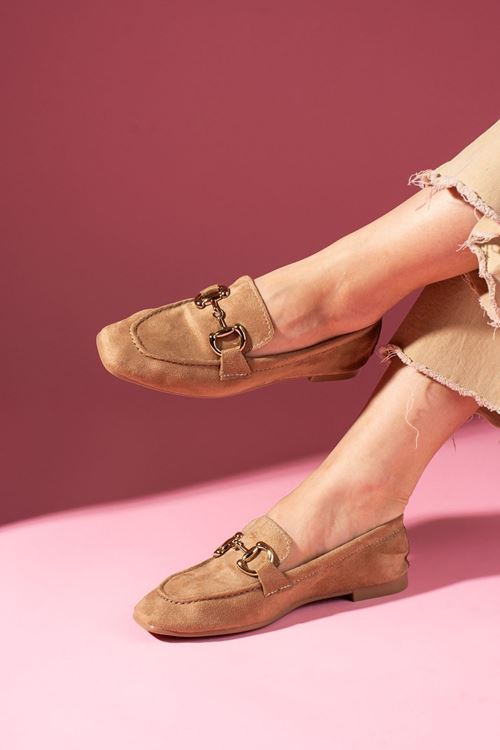 Arven Vizon Süet Saraçlı Gold Tokalı Loafer Babet