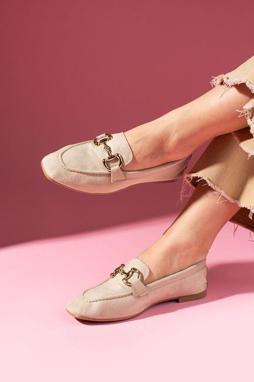 Arven Bej Süet Saraçlı Gold Tokalı Loafer Babet
